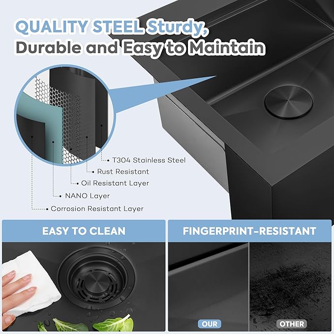 Rhbamoa Black Farmhouse Sink,Black Stainless Steel Drop in Farmhouse Sinks,Small Topmount Workstation Sinks,26 inch Single Bowl Apron Front Kitchen Farm Sink with All Accessories