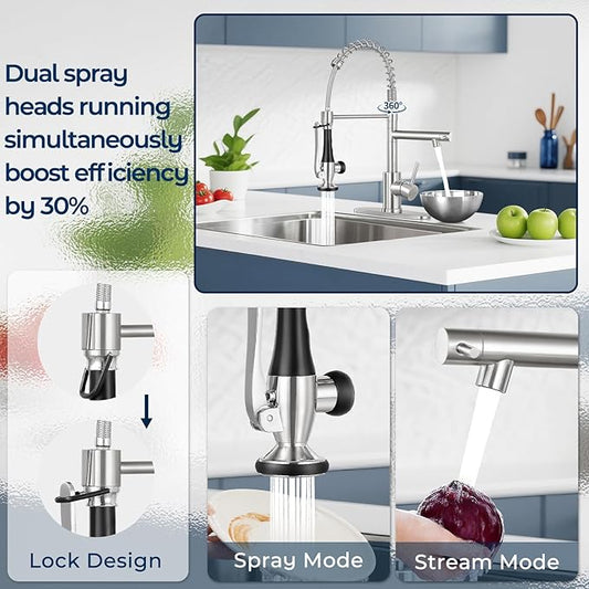 Kitchen Faucets with Pull Down Sprayer Single Handle,Commercial Style Double-Headed Faucet 1/3 Hole with Deck Plate,Brushed Nickel