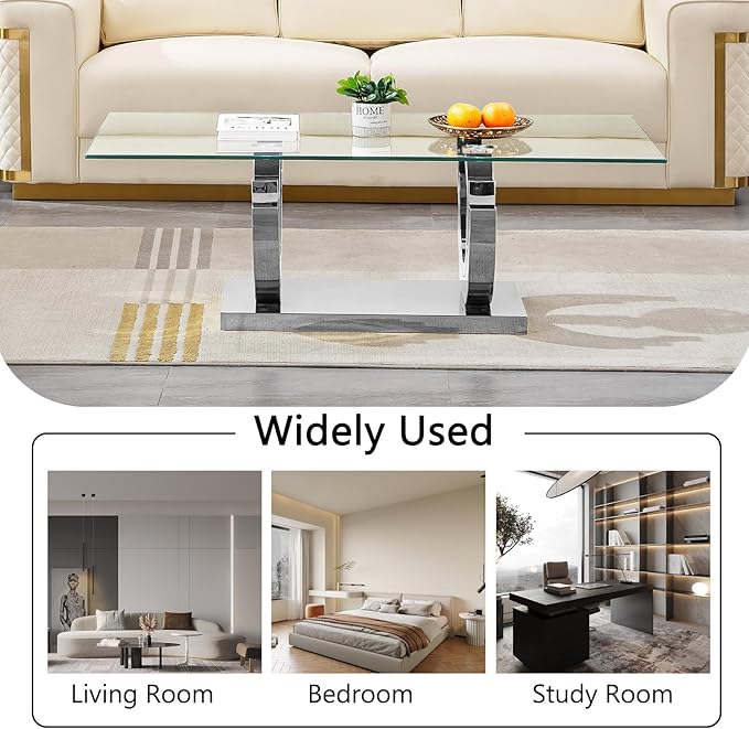 HomVent 51.18" Glass Coffee Table, Living Room Tables, Modern Silver Tempered Glass Top Side Center Tables Bedroom, Rectangle Bedside Eating Table for Home Office with Stainless Steel Base