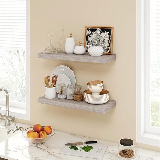 Acovy 24 Inch Floating Shelves, 9.3" Deep Floating Shelf Wall Mounted, 24" Wall Shelves, Rustic Deep Bookshelf, Large Display Shelves & Storage Shelves for Bedroom, Living Room, Gray, Set of 2
