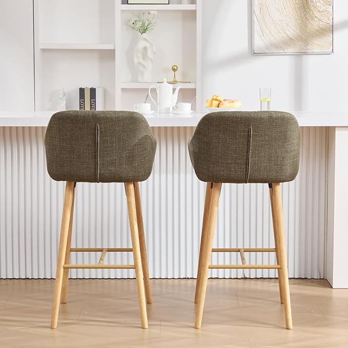 Modern Stools Set of 2, Kitchen Island Tall Chairs with Back, Arm, Footrest and Solid Wood Leg, Linen Fabric Upholstered Stools - Green