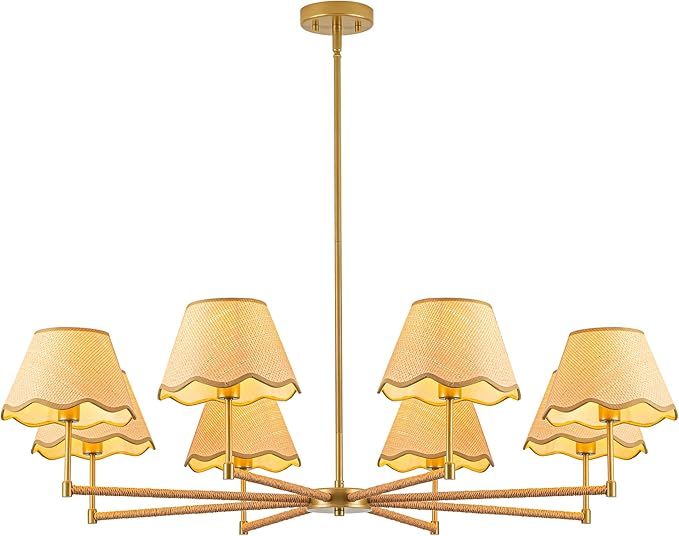 MAYNA 42” Large Rattan Chandelier, 8-Light Rustic Farmhouse Pendant Light with Wicker Lamp Shades, Modern Dining Room Chandelier, Adjustable Brass Chandelier for Kitchen Island, Dining Room