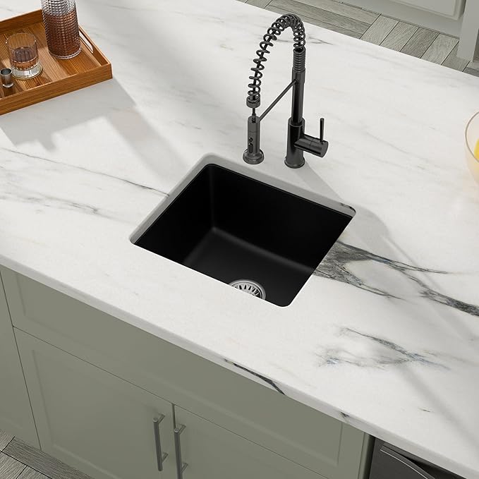 Dcolora Undermount Quartz Composite Prep Sink, 18"x16" Single Bowl Wet Bar Sink, Matte Black Small Kitchen Sink for Island & Bar, Farmhouse Design, #DC-GU7746