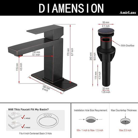 Oil Rubbed Bronze Bathroom Faucet 1 Hole, Stainless Steel Single Hole Bathroom Sink Faucet with Pop Up Drain, Bronze Lavatory Sink Faucet AML-1141-ORB