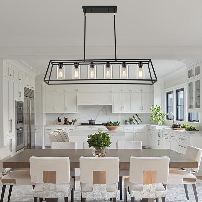Rectangle Chandeliers for Dining Room | 6-Lights Black Dining Room Light Fixture with Clear Glass Shade | Apply to Kitchen Chandeliers Over Table