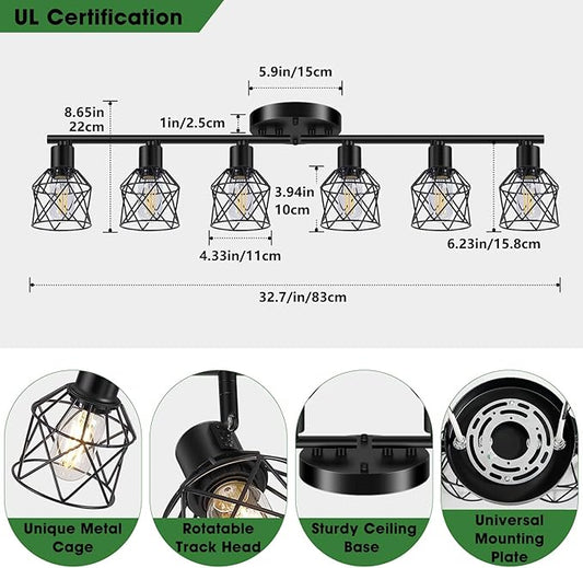 Baocuz 6-Lights Black Semi Flush Mount Ceiling Light, Multi-Directional Ceiling Light Fixtures, Rotatable Kitchen Track Lighting Fixtures with Wire Cages for Living Room, Dining Table, Foyer