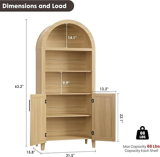 IDEALHOUSE Arched Kitchen Pantry Cabinet with Doors - 5-Tier Open Display Shelf with Nice Texture, Farmhouse Storage Cabinet for Kitchen, Dining Room, Living Room, Natural