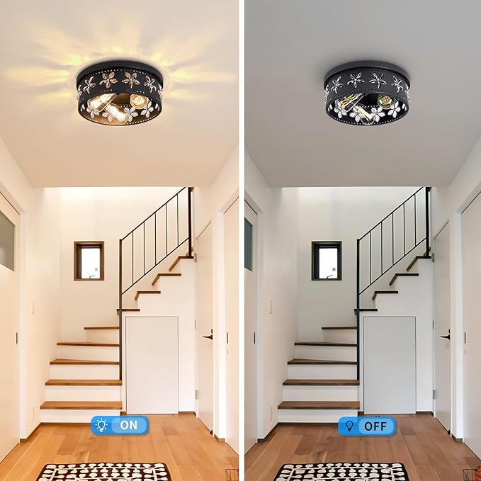 12.6 inch Black Flush Mount Ceiling Light Fixtures, 3-Light Ceiling Mount for Industrial, Crystal Light Fixtures for Farmhouse, Bedroom, Living Room, Kitchen, Hallway and Foyer (2 Pack)