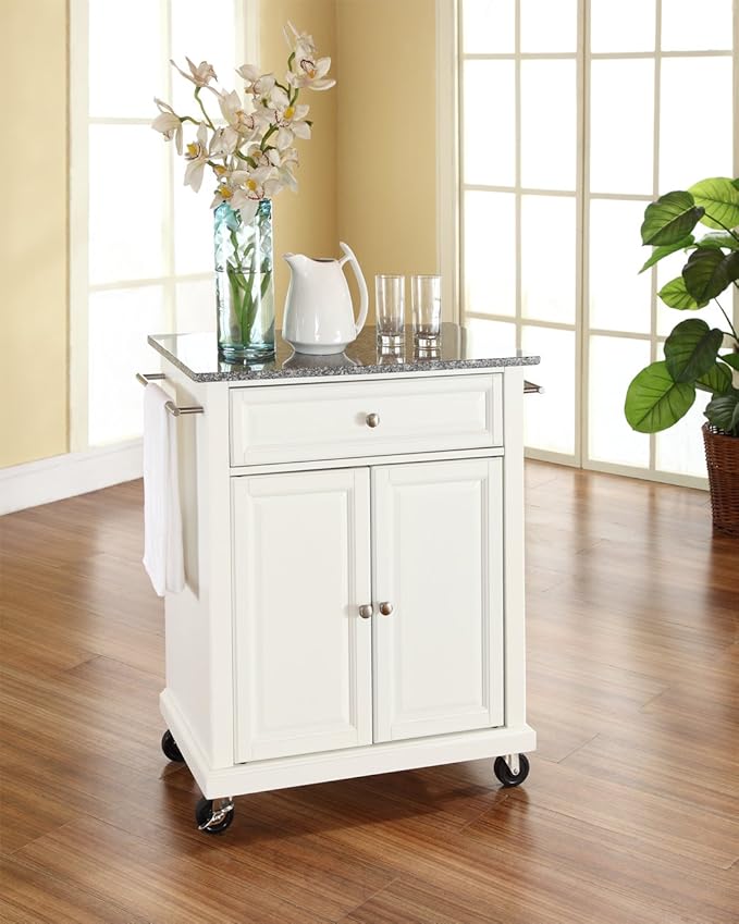 Crosley Furniture Compact Granite Top Small Rolling Cart with Shelves, Microwave Stand with Towel Rack, White