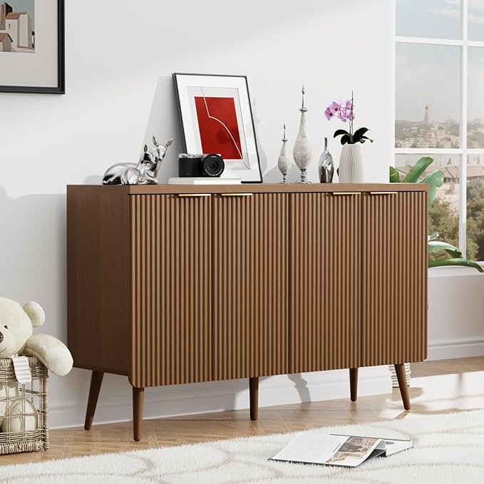 Walnut 47.2" Modern Fluted Wood Sideboard – 4-Door Buffet Cabinet with Adjustable Shelves, Multi-Space Storage Credenza for Living Room, Dining Room & Entryway