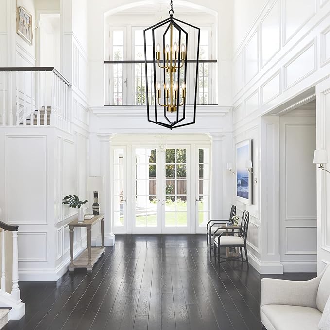 Lanhall 8-Light Lantern Tired Farmhouse Ceiling Hanging Light Black Chandelier Metal Modern Pendant Light Fixtures for Kitchen Island Dining Room Living Room Foyer Entryway-Brushed Brass