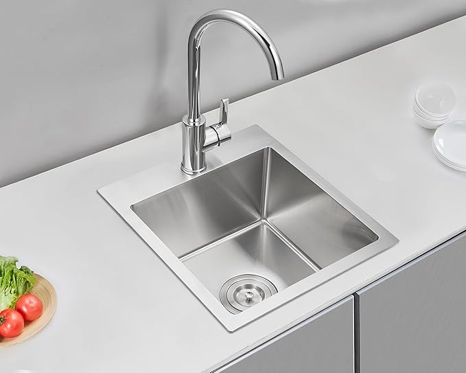 MENATT 15 x 17 Inch Drop in Bar Sink, Single Faucet Hole Single Bowl Topmount Small Kitchen Sink, 304 Stainless Steel Kitchen Bar or Prep Sinks, Brushed