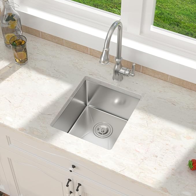 15 x 17 Inch Undermount Bar Sink 16 Gague Stainless Steel Handmade Kitchen Sink Single Bowl Small Wet Prep RV KitchenSinks Basin (Not Included Roll-up Drying Rack and Bottom Grid)