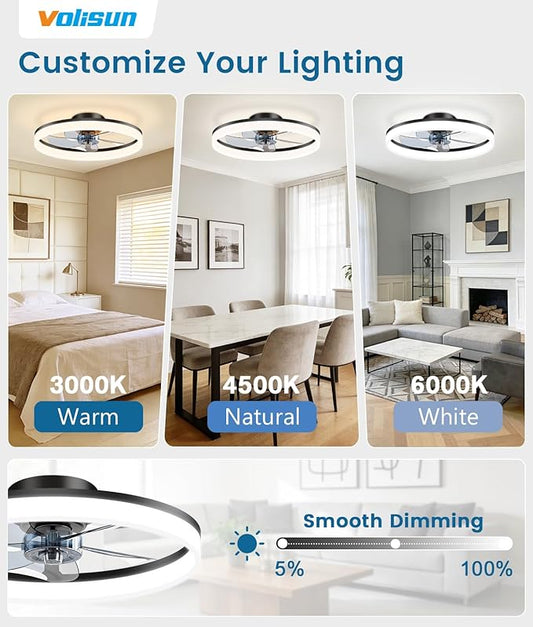 VOLISUN Low Profile Ceiling Fans with Lights and Remote, 20in Fandelier Ceiling Fan Flush Mount, 3000K-6500K Smart Bladeless LED Fan Light, Black Modern Ceiling Fans with Lights for Bedroom