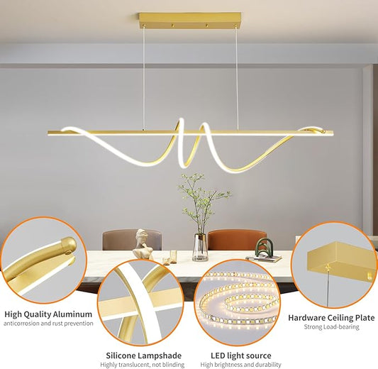 Modern LED Gold Pendant Light, 39IN Ceiling Chandelier Fixtures Dimmable with Remote Control 3000k-6500K Adjustable Color Temperature, Aluminum Island Lighting Lamp for Dining Room, Living Room