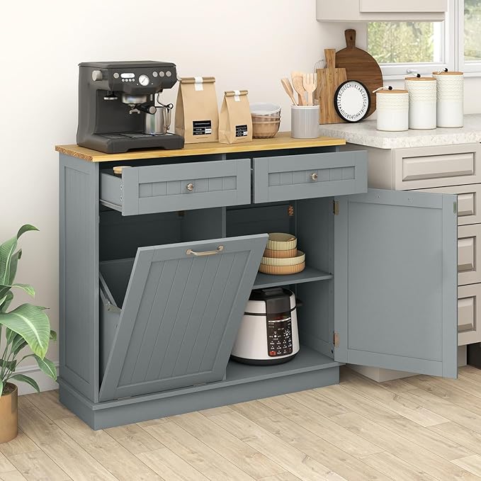 Giantex Tilt Out Trash Cabinet 15.5 Gallon, Wooden Laundry Room Cabinet, 2 Drawers, Storage Cabinet, Recycling Trash Cabinet, Kitchen Island with Garbage Can Holder, 39.5" x 14" x 35.5", Gray