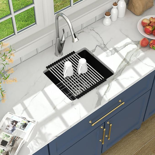 Lordear 18 Inch Black Undermount Bar Sink Granite Composite Quartz Single Bowl RV Camper Outdoor Under Counter Kitchen Sinks Basin