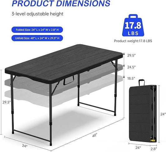 Folding Table 4 Foot for Indoor Outdoor, Portable Heavy Duty Fold-in-Half Utility Small Plastic Adjustable Height Folding with Carrying Handle for Picnic Camping and Party, Matte Black