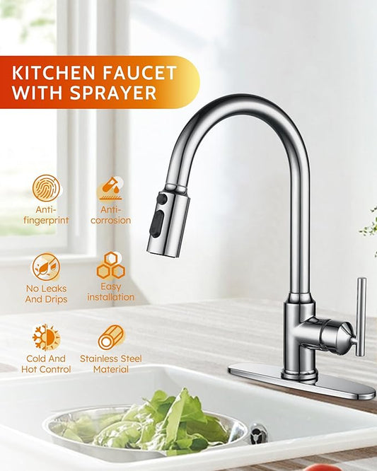 WOWOW Kitchen Faucets with Pull Down Sprayer, Chrome Kitchen Faucet with Sprayer, 304 Stainless Steel High Arc Single Handle Pull Down Kitchen Faucet for Kitchen Sink Faucet