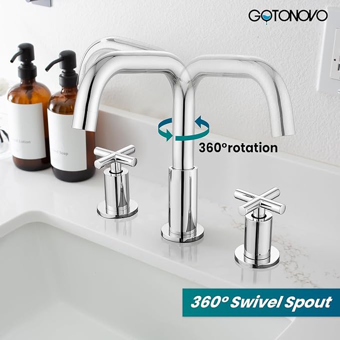 gotonovo 8 inch Widespread 3 Hole Bathroom Sink Faucet,2 Cross Handle Vanity Faucet Deck Mount Basin for Bathroom Sink 360° Swivel Spout with Pop Up Drain Polished Chrome