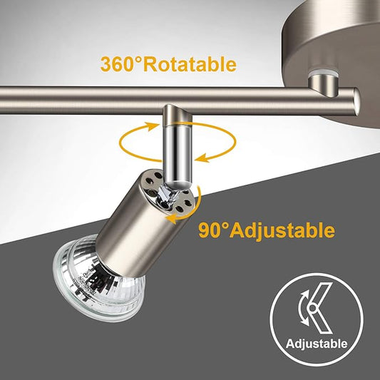 Ascher 4-Light LED Track Lighting Kit, Flexibly Rotatable Light Heads, 4 Way Ceiling Spotlight Matt Nickel Finish, Including 4 GU10 LED Bulbs (4W 400LM Daylight White 5000K)