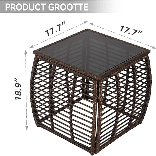 Kinfant Square Outdoor Wicker Side Table – Patio End Table with Tempered Glass Top, All-Weather Rattan Coffee Table for Balcony, Porch, Deck, Garden, Black Gold