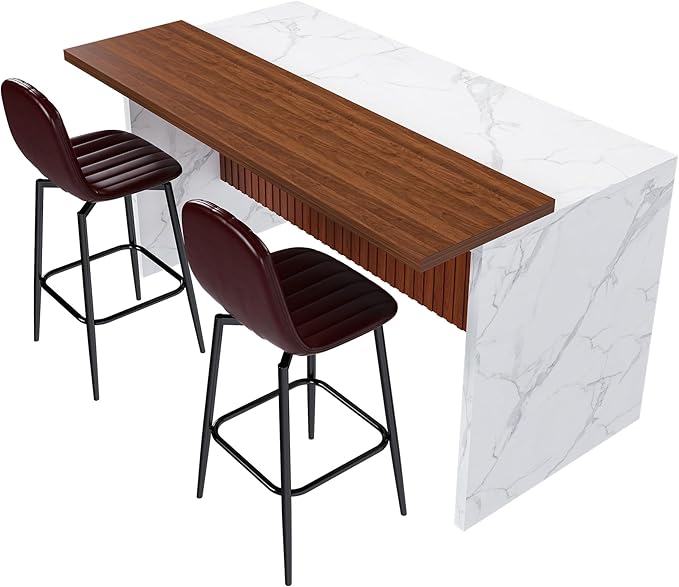 62.99" Modern Kitchen Island Set (White + Walnut) with 2 Dark Brown Bar Stools - Marble-Look MDF Surface, Adjustable LED Lights (3 Color Temps), Grille Design,Seats 4 for Dining/Lounge
