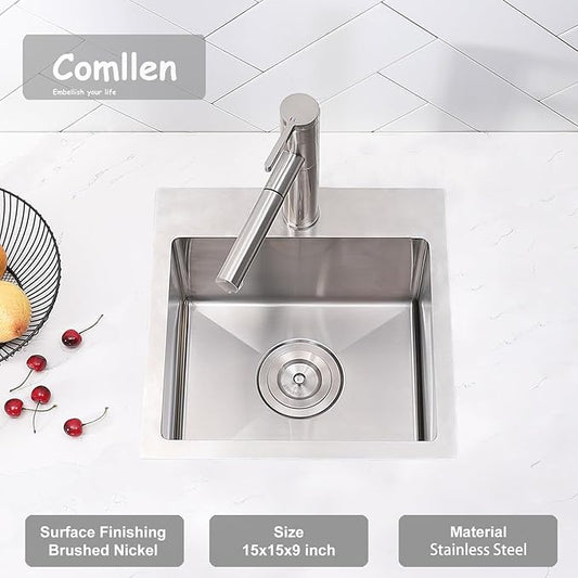 Comllen 15 x 15 inch Drop in Bar Sink, 18 Gauge Stainless Steel, 9 inch Deep, Brushed Nickel, Single Basin Small 15 Kitchen Sink for Outdoor Wet Bar Prep RV Yard Office Laundry Utility with Drainer