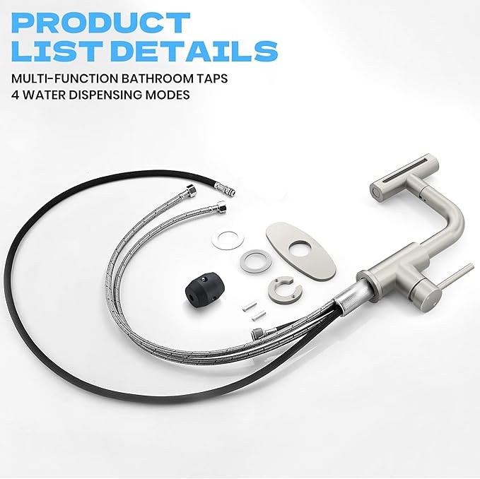 Brushed Nickel Bathroom Faucet with Sprayer - Brushed Nickel Bathroom Faucets for Sink 1 Hole or 3 Holes, 4 Mode Single Handle Vanity Faucet Waterfall Bathroom Faucet with Pull Down Sprayer (No Drain)