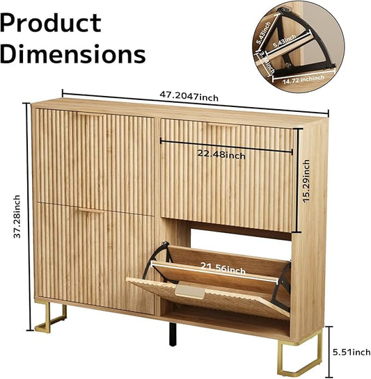 Fluted Shoe Cabinet Storage with 4 Flip Drawers, Wood Narrow Hidden Shoe Cabinet with Metal Legs & Adjustable 2 Tier Shelf for Entryway, Freestanding Slim Shoe Rack Organizer for Hallway Living Room