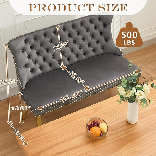 45.6in Upholstered Dining Bench, Mid-Century Modern Kitchen Room Bench with Tufted Back and Metal Legs, Velvet Small Sofa Couch Bench, Grey Gold