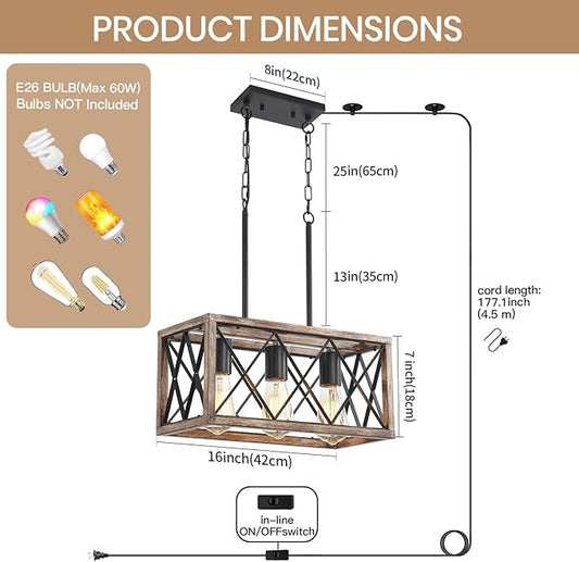Plug in Pendant Light,3-Light Dining Room Light Fixture Over Table,Plug in Chandelier for Kitchen Sink,Farmhouse Metal Kitchen Pendant Lighting Over Island, Wood Grain Finish.