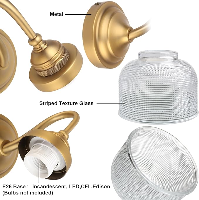 Yosoan Brass Gold Vintage Wall Sconce with Striped Bowl Shade, 1-Light Indoor Modern Retro Vanity Industrial Wall Mounted Hardwired for Living Room Bedroom Fireplace Hallway(Antique)
