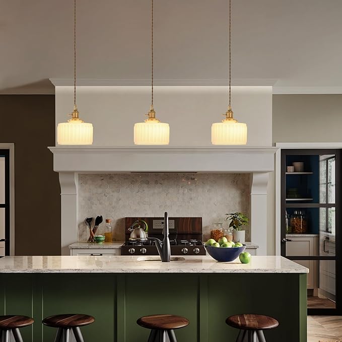 Shenmoyl Pendant Light 2 Pack with White Striped Glass Lmapshade, Brass Vintage Pendant Light Adjustable Hanging Light for Kitchen Island Dining Room Hallway