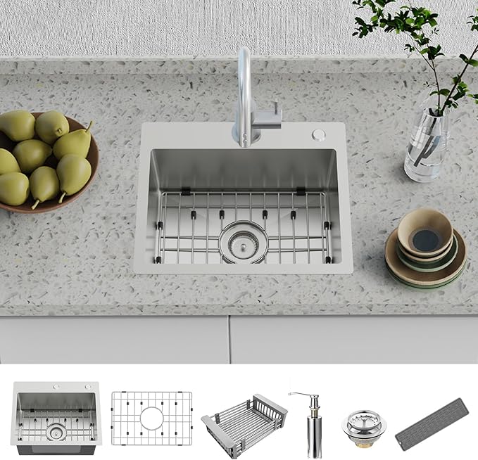 Kitchen And Bar Sink, 20x16 Inch Stainless Steel Drop In Modern Single Bowl Topmount Kitchen And Bar Sink Combo-SS Grid,Silicon Mat,Drain Strainer Set Compatibility With Various Kitchen&Bar Style