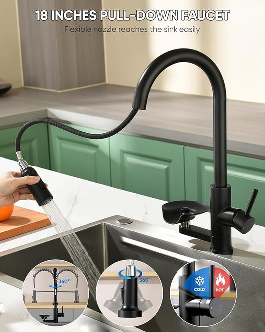 OWOFAN Kitchen Faucet with Cup Washer Pull Down Sprayer Stainless Steel Kitchen Sink Faucet with Deck Plate Glass Rinser Single Hole Black
