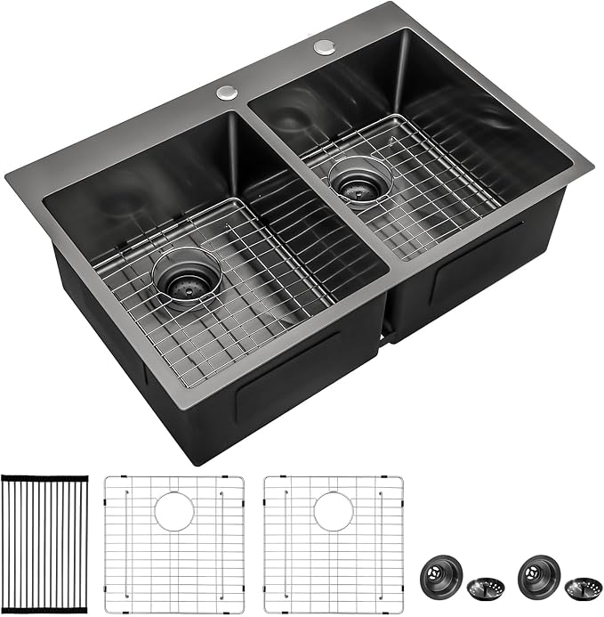 Mocoloo Double Bowl Kitchen Sink Drop in 33 x 22 Sink Gunmetal Black Double Bowl 50/50 Stainless Steel 16 Gauge Handmade, 10'' Deep Sinks