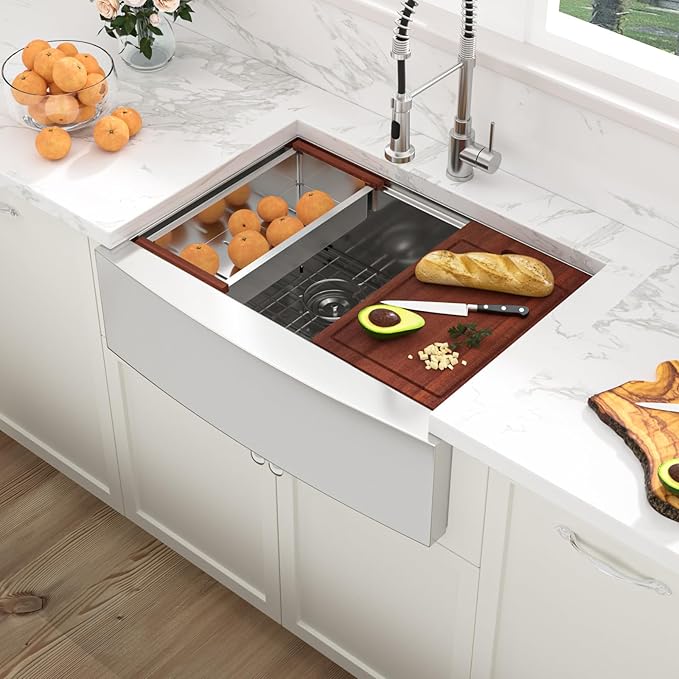 Sarlai 30 Stainless Farmhouse Sink Double Bowl - 30x22 Inch Kitchen Sink Apron Front Ledge Workstation Double Bowl 60/40 16 Gauge Stainless Steel Low Divide Farmer Kitchen Sink Basin