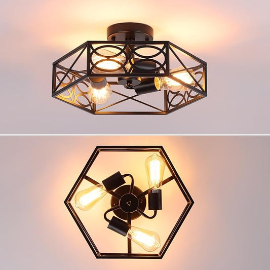 Modern Farmhouse Black Flush Mount Ceiling Light, 3-Light Semi Flush Mount Light Fixture with Stylish Hexagon Cage, Dimmable Industrial Lamp for Kitchen Hallway Bathroom, E26 Base