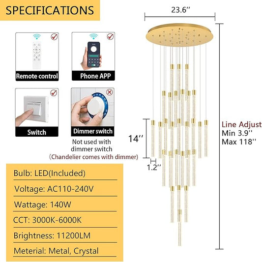 28-Light Long Large Modern Led Crystal Chandeliers Modern Spiral Chandeliers High Ceilings Chandelier for Staircase Foyer Gold