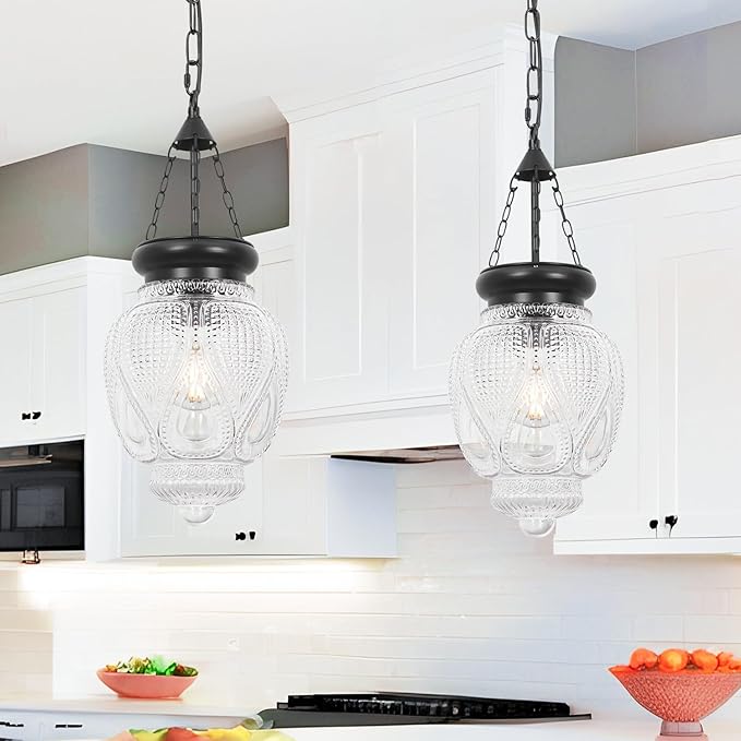 Vintage Pendant Lights Kitchen Island, Black Kitchen Pendant Lighting Over Island, Bathroom Pendant Light With 7.9in Glass Shade, Farmhouse Sink Light For Closet Pantry Entryway, Height Adjustable