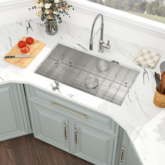 Kichae 32 Inch Undermoun Kitchen Sink Single Bowl Stainless Steel Undermount 16 Gauge Round Corner Handmade Modern Rectangular Under Counter Kitchen Sinks