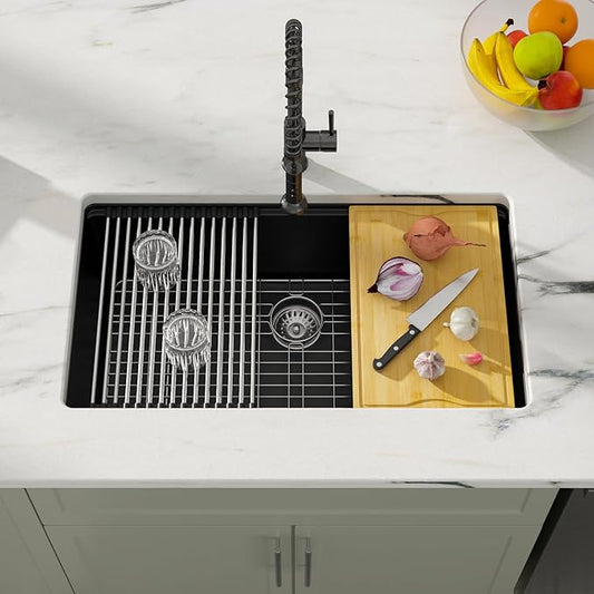 Dcolora 32 inches Granite Composite Kitchen Sink Workstation Black Undermount Single Bowl Large Kitchen Sink 32"W x 19"D x 10"H, DC-GU7741