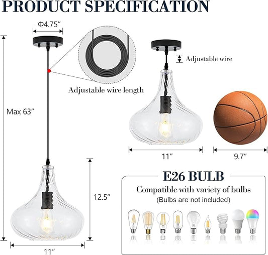 VILUXY Glass Pendant Lights 11inch Large Modern Black Pendant Lighting Fixtures for Kitchen Island Striped Shade 1 Light Single Ceiling Hanging Light for Kitchen Sink Dining Room Hallway, UL Listed