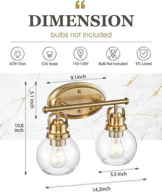 Gold Bathroom Light Fixtures, 2-Light 14" Vanity Lights with Clear Globe Glass Shades, Farmhouse Vintage Vanity Lighting Fixtures Over Mirror, E26 Base, AD-2147-2W-BG