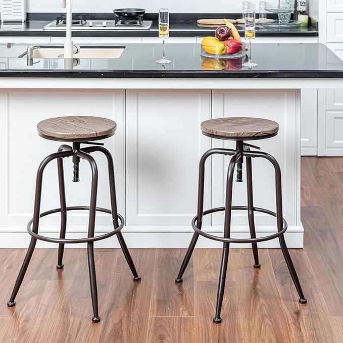 Homy Casa Dining Chairs Set of 2, 27 to 30 Inch Adjustable Height Swivel Chairs with Round Wood, Suitable for Kitchen Island, Dining Room, Walnut