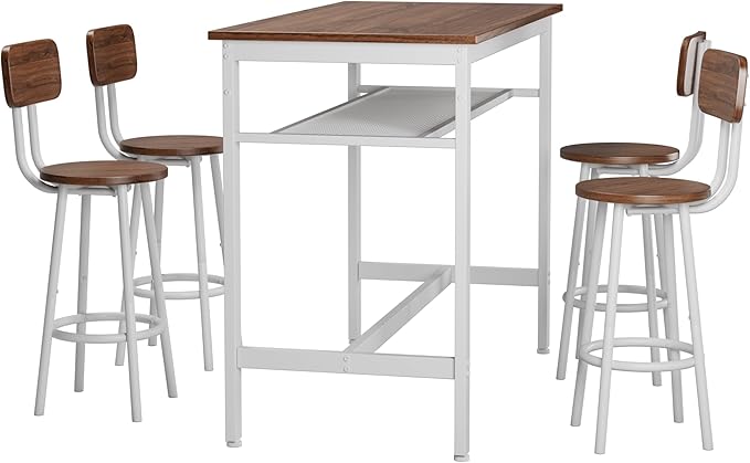 5-Piece Bar Height Table and Chairs Set – Modern Kitchen Table with 4 Bar Stools,Compact Dining Table Chairs Set ,Bar Table and Chairs Set for Kitchen Island Seating & Dining Room (Brown+White.)