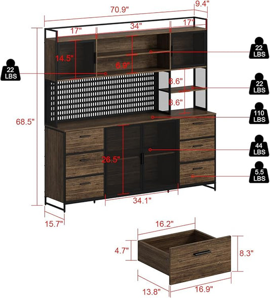 ECACAD 70.9" L Sideboard Buffet Storage Cabinet with Hutch, Pegboard, 4 Metal Mesh Doors, 6 Drawers & Shelves, Kitchen Pantry Cupboard for Living Room, Dining Room, Black & Rustic Brown