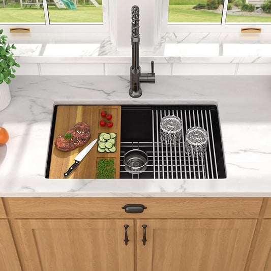 30 Inch Black Undermount Kitchen Sink-Granite Composite Single Bowl Workstation All-In One Classic Quartz Kitchen Sink with Mixing Bowl, Pasta Strainer and Cutting Board #TLGU-126
