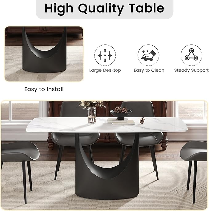 63 Inch Sintered Stone Dining Table for 4-6, Modern Rectangle Kitchen Table with Heat Resistant Top, Scratch Proof Metal Base, Multifunctional Meeting Desk for Home Office
